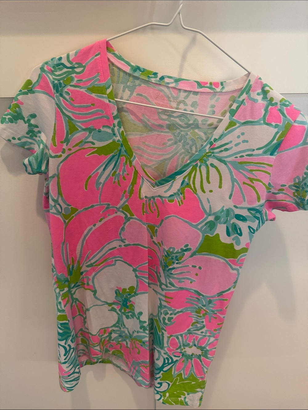Lilly Pulitzer Pink, Green and Teal Floral V-Neck Tee